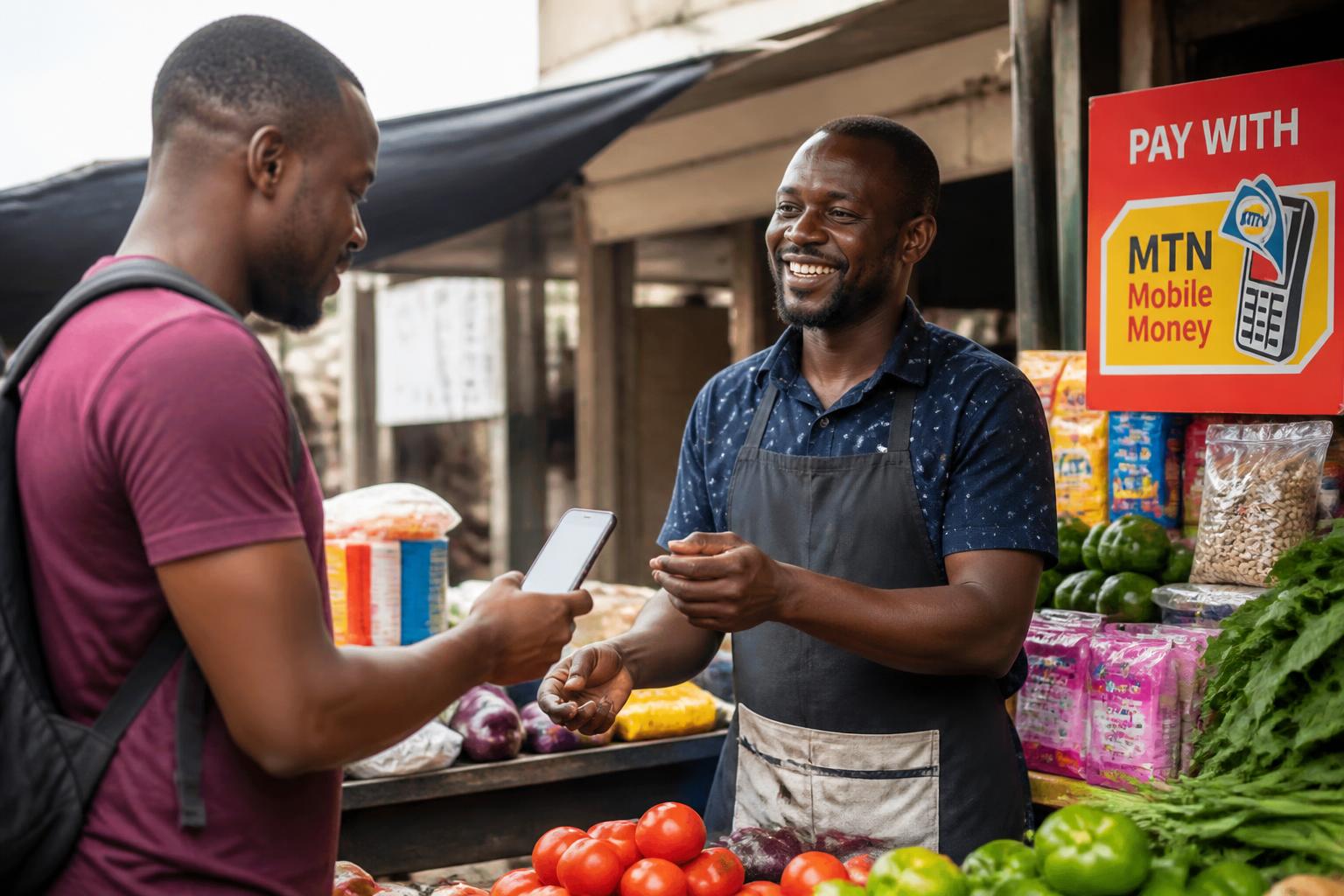 Man paying market vendor with mobile phone